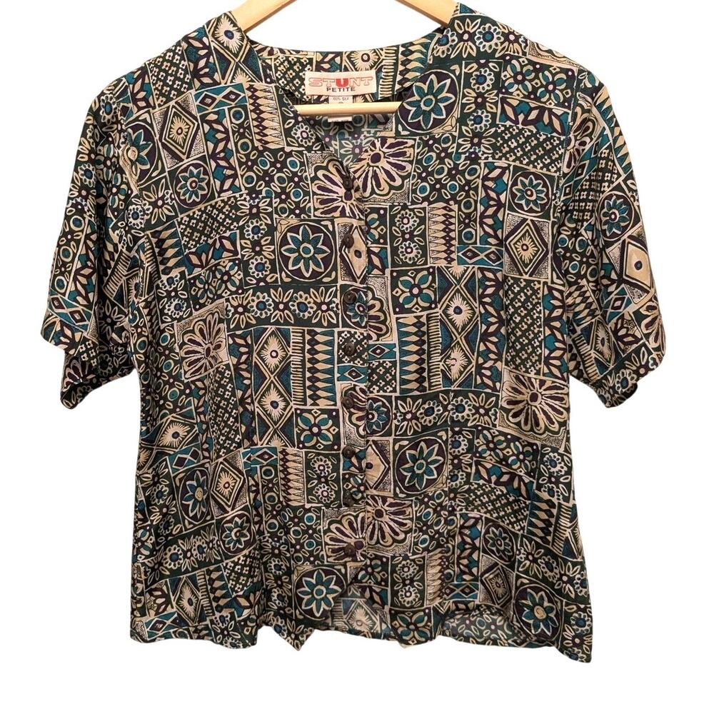 Vintage‎ Stunt Geo Hawaiian Print Shirt Blue Button Front Tropical Retro Silk